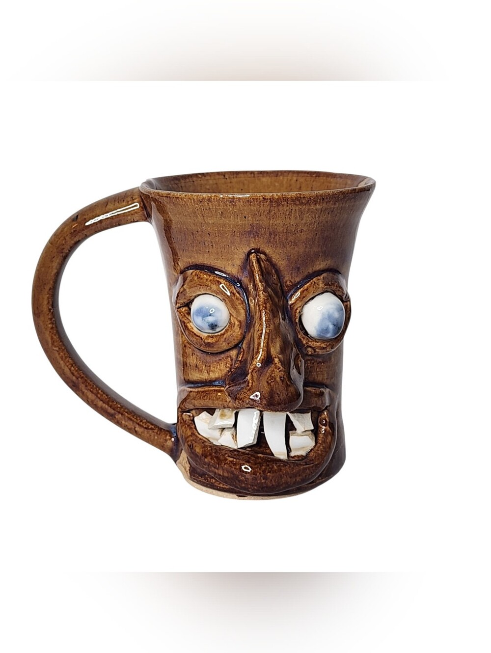 Studio Art Pottery Ugly Funny Face Mug Bulging Blue Eyes Crooked Teeth